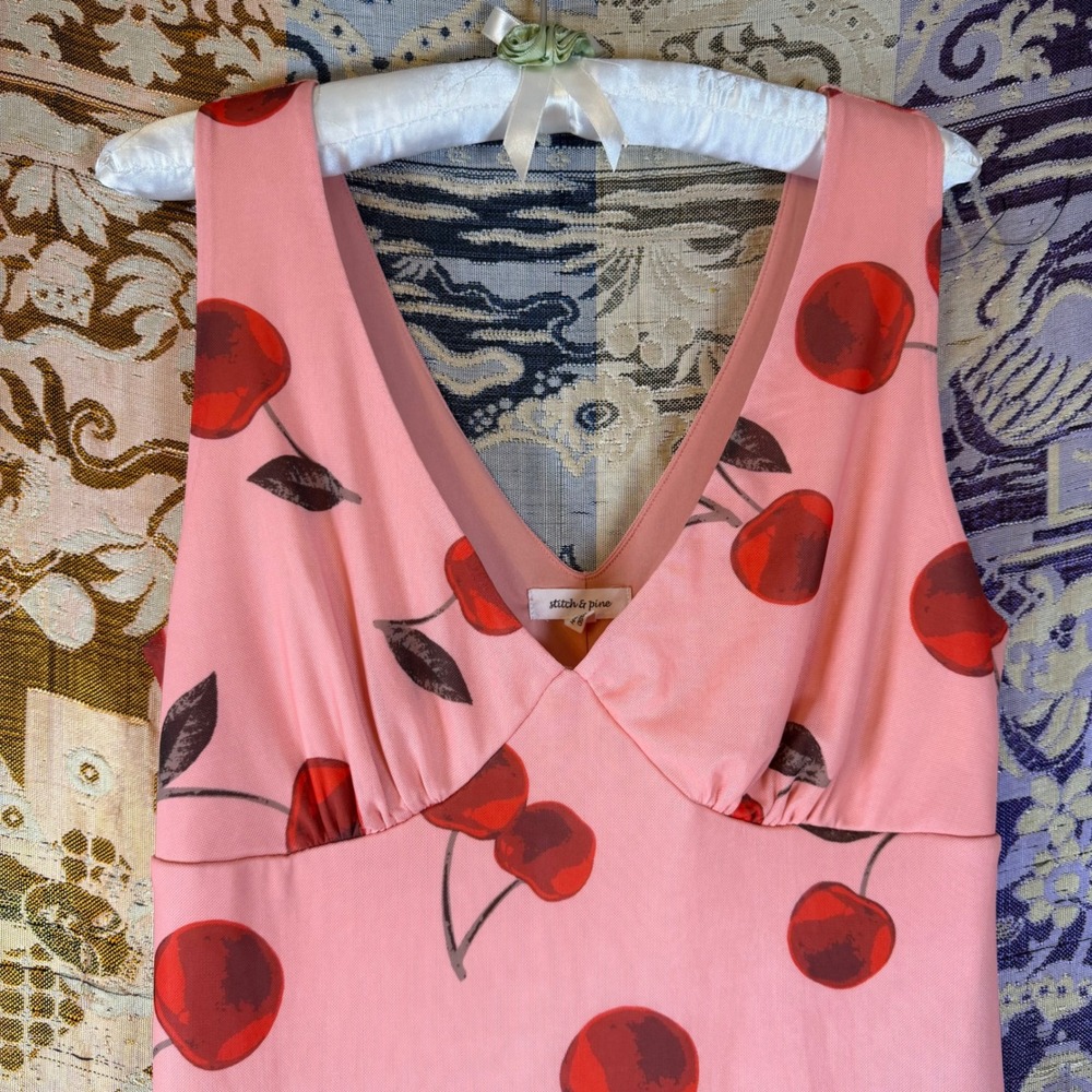 Pink Red Cherry Print Ruffle Hem Above the Knee Dress Size M - Picture 3 of 11